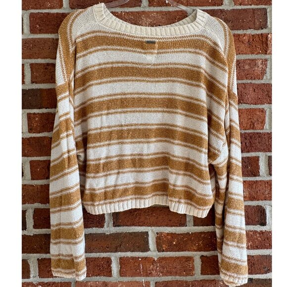 Billabong Striped Knit Sweater Mustard Yellow & Cream Cropped Pullover Medium - Picture 7 of 7